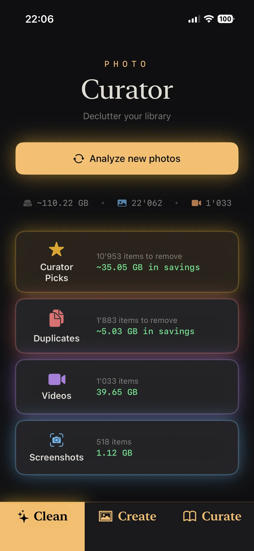 Curator's Clean tab showing a 110 GB iPhone photo library with 22,062 photos and 1,033 videos, and suggested removals of 10,953 items totalling 35 GB