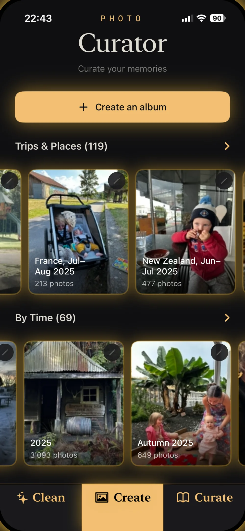 Curator smart albums, pre-grouped by trip and time