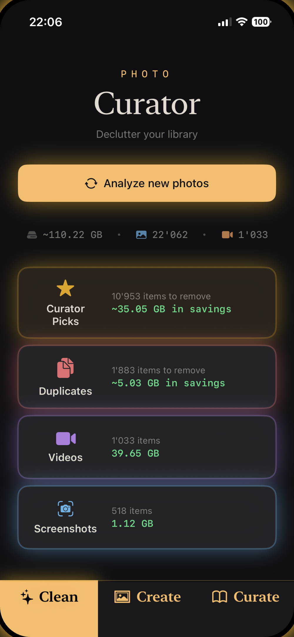 Curator Clean tab showing AI-picked items to remove and storage savings