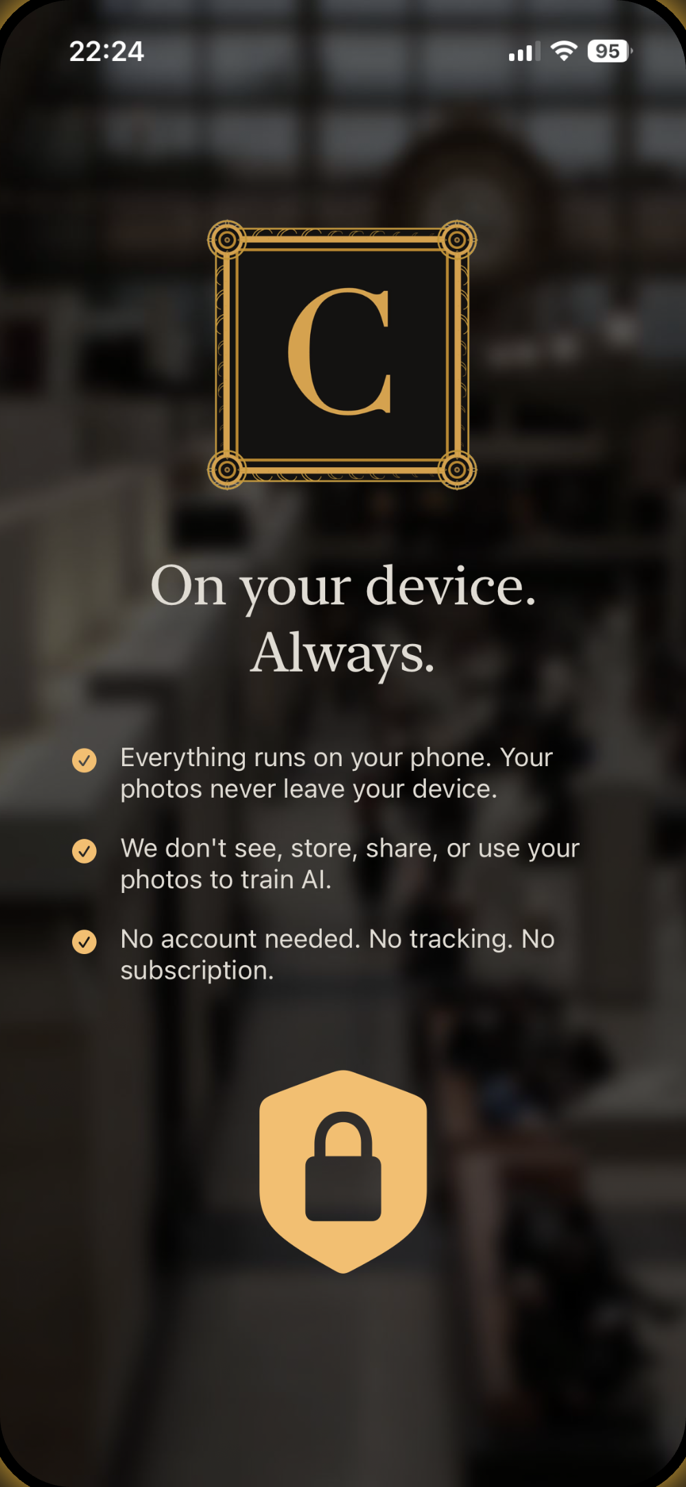 Curator privacy screen — everything runs on your device